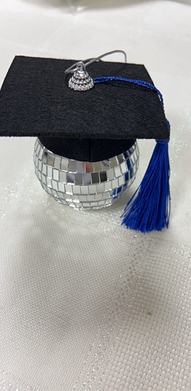 Graduation Cap Blue Tassel Mini Disco Ball Ornament